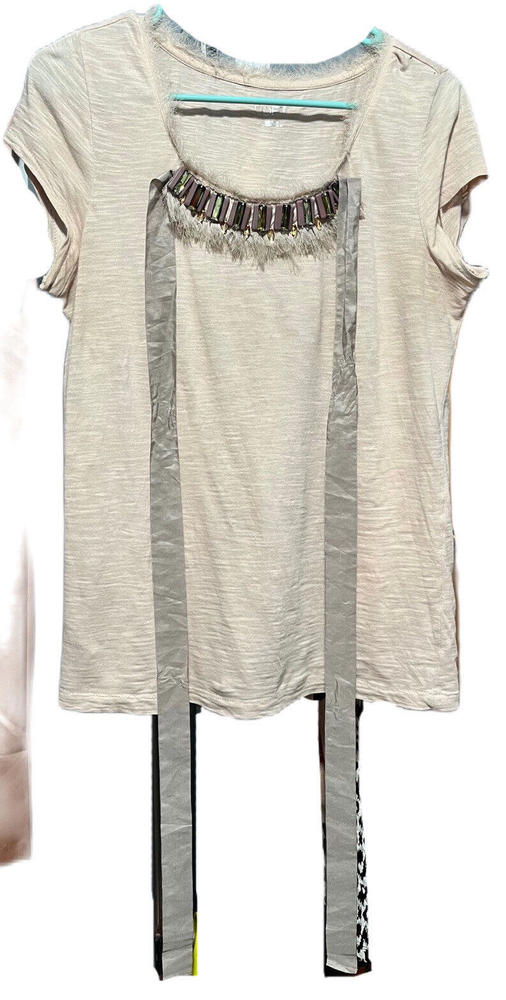 Ann Taylor Loft Jeweled Rhinestone Crystal Necklace Detail Ribbon Tie Fringe Top